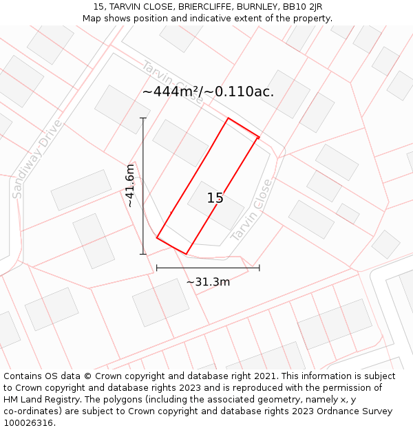 15, TARVIN CLOSE, BRIERCLIFFE, BURNLEY, BB10 2JR: Plot and title map