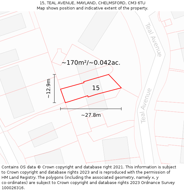 15, TEAL AVENUE, MAYLAND, CHELMSFORD, CM3 6TU: Plot and title map