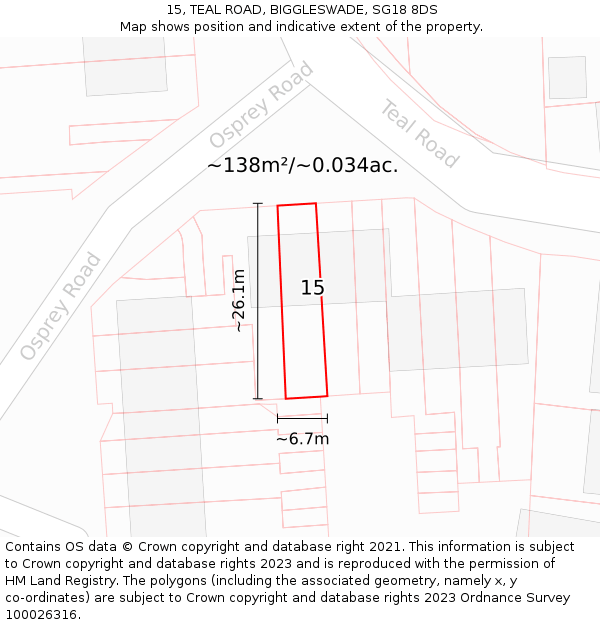 15, TEAL ROAD, BIGGLESWADE, SG18 8DS: Plot and title map