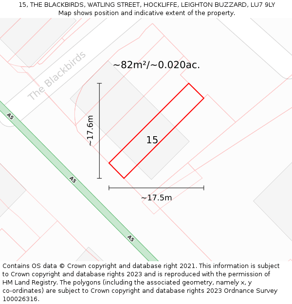 15, THE BLACKBIRDS, WATLING STREET, HOCKLIFFE, LEIGHTON BUZZARD, LU7 9LY: Plot and title map