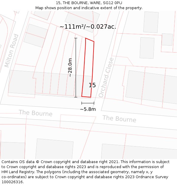 15, THE BOURNE, WARE, SG12 0PU: Plot and title map