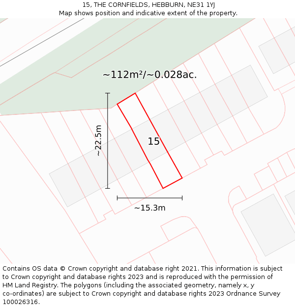 15, THE CORNFIELDS, HEBBURN, NE31 1YJ: Plot and title map