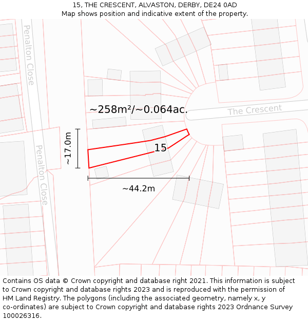 15, THE CRESCENT, ALVASTON, DERBY, DE24 0AD: Plot and title map