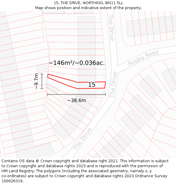 15, THE DRIVE, WORTHING, BN11 5LL: Plot and title map
