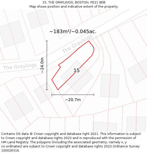 15, THE GRAYLINGS, BOSTON, PE21 8EB: Plot and title map