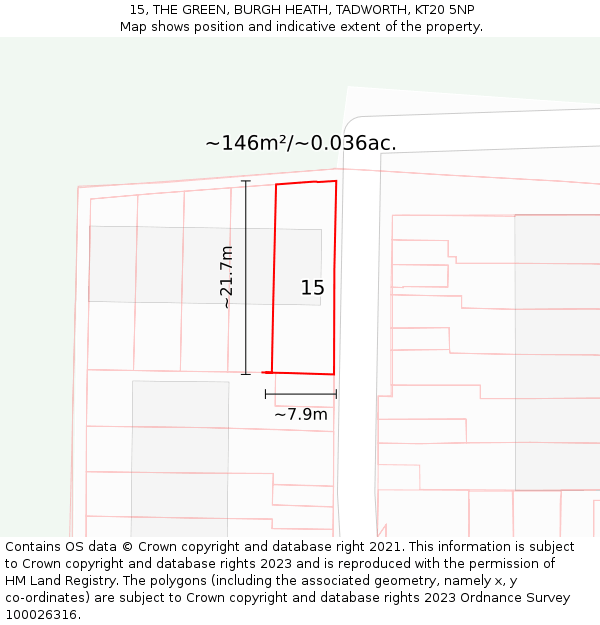 15, THE GREEN, BURGH HEATH, TADWORTH, KT20 5NP: Plot and title map
