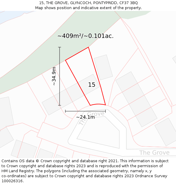 15, THE GROVE, GLYNCOCH, PONTYPRIDD, CF37 3BQ: Plot and title map