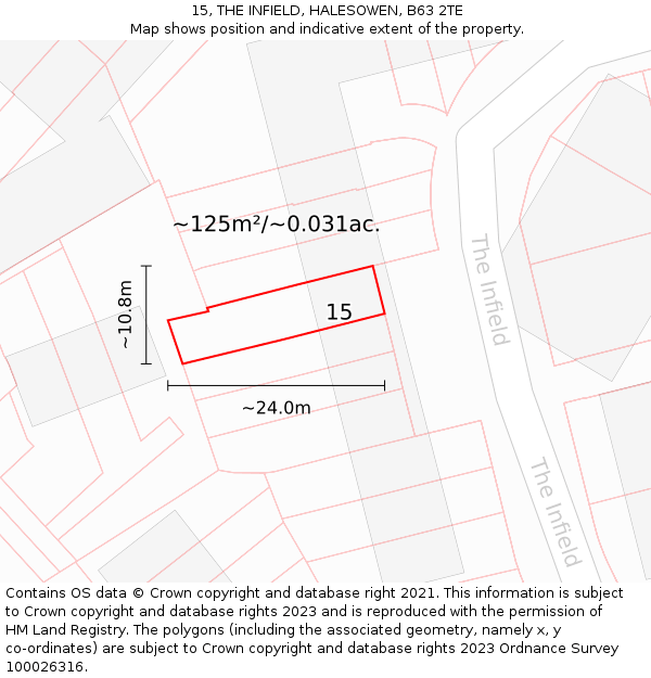 15, THE INFIELD, HALESOWEN, B63 2TE: Plot and title map