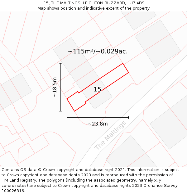 15, THE MALTINGS, LEIGHTON BUZZARD, LU7 4BS: Plot and title map