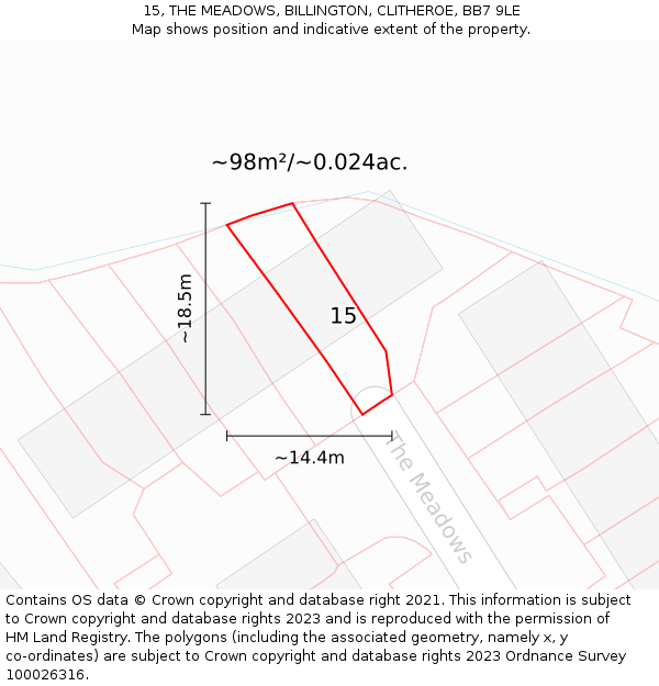 15, THE MEADOWS, BILLINGTON, CLITHEROE, BB7 9LE: Plot and title map