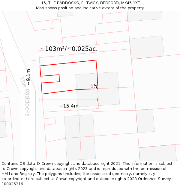 15, THE PADDOCKS, FLITWICK, BEDFORD, MK45 1XE: Plot and title map