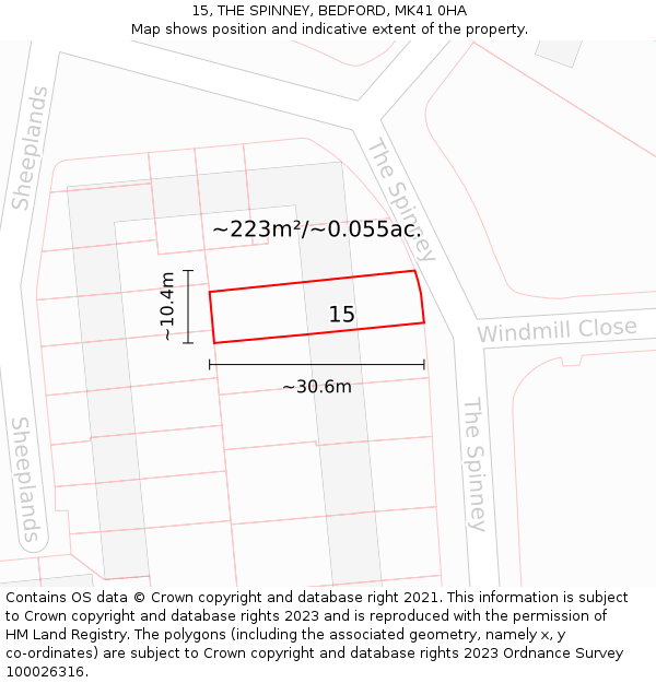 15, THE SPINNEY, BEDFORD, MK41 0HA: Plot and title map