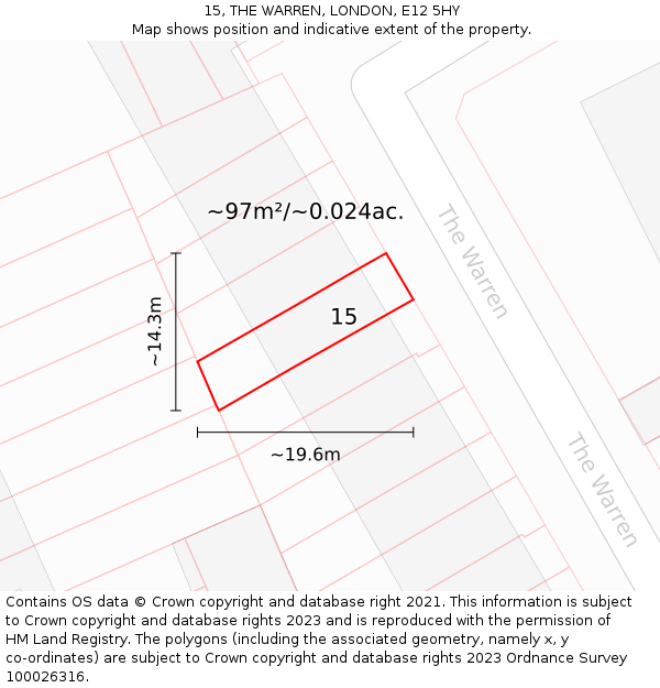 15, THE WARREN, LONDON, E12 5HY: Plot and title map