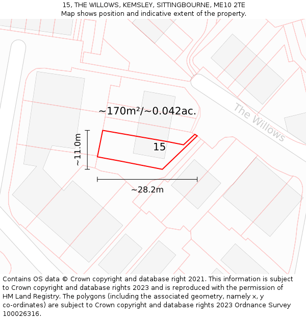 15, THE WILLOWS, KEMSLEY, SITTINGBOURNE, ME10 2TE: Plot and title map