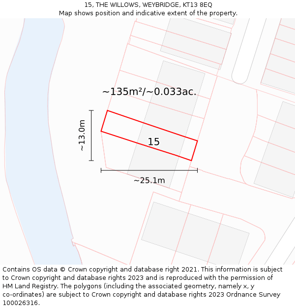 15, THE WILLOWS, WEYBRIDGE, KT13 8EQ: Plot and title map