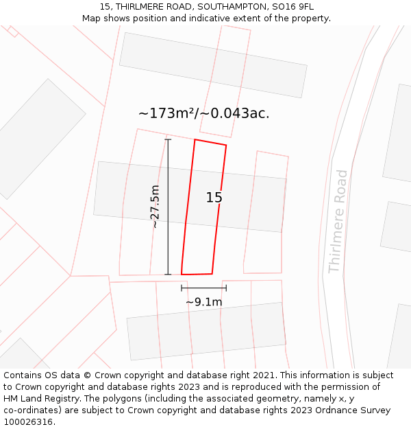 15, THIRLMERE ROAD, SOUTHAMPTON, SO16 9FL: Plot and title map