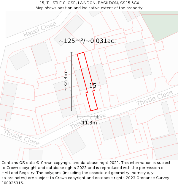 15, THISTLE CLOSE, LAINDON, BASILDON, SS15 5GX: Plot and title map