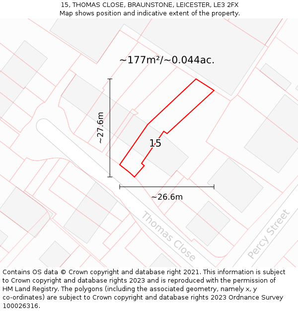 15, THOMAS CLOSE, BRAUNSTONE, LEICESTER, LE3 2FX: Plot and title map