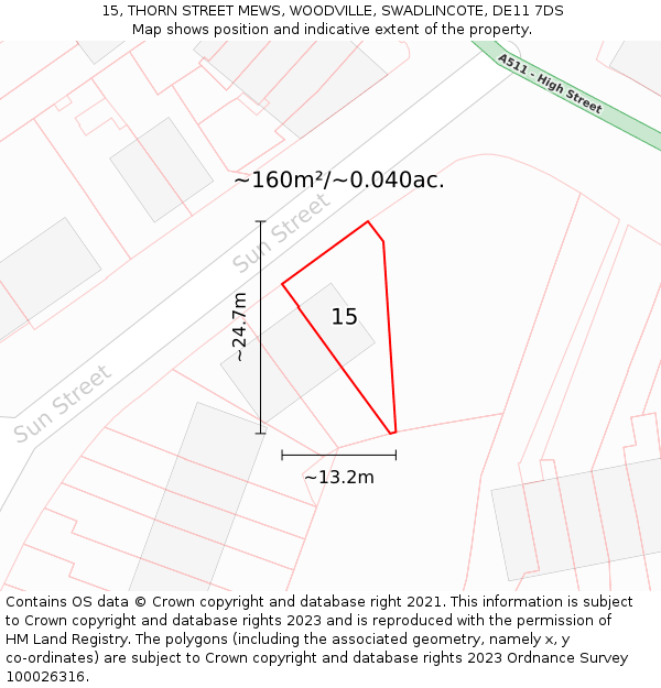 15, THORN STREET MEWS, WOODVILLE, SWADLINCOTE, DE11 7DS: Plot and title map