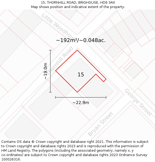 15, THORNHILL ROAD, BRIGHOUSE, HD6 3AX: Plot and title map