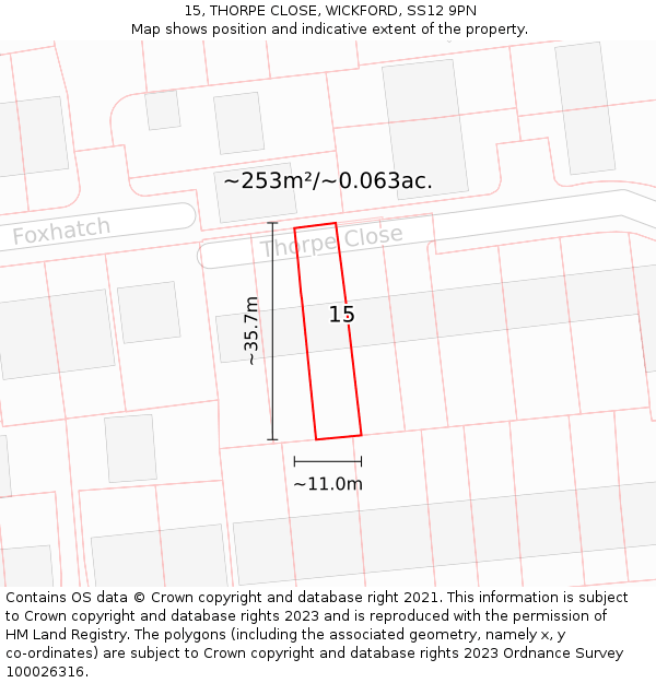 15, THORPE CLOSE, WICKFORD, SS12 9PN: Plot and title map