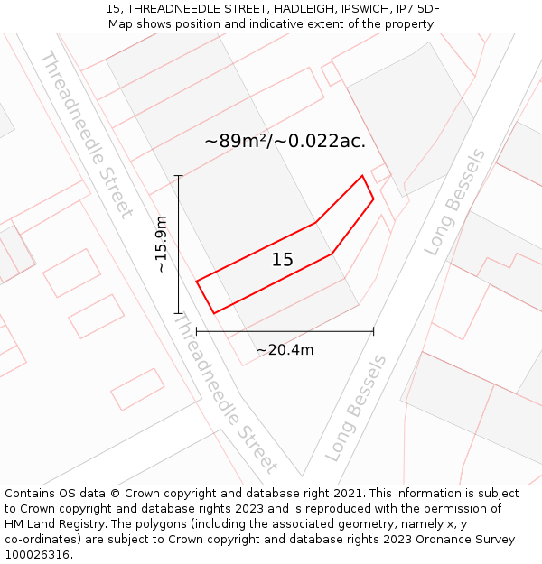 15, THREADNEEDLE STREET, HADLEIGH, IPSWICH, IP7 5DF: Plot and title map