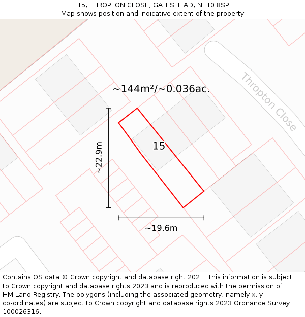 15, THROPTON CLOSE, GATESHEAD, NE10 8SP: Plot and title map