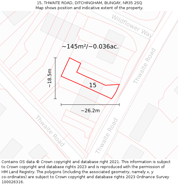 15, THWAITE ROAD, DITCHINGHAM, BUNGAY, NR35 2SQ: Plot and title map