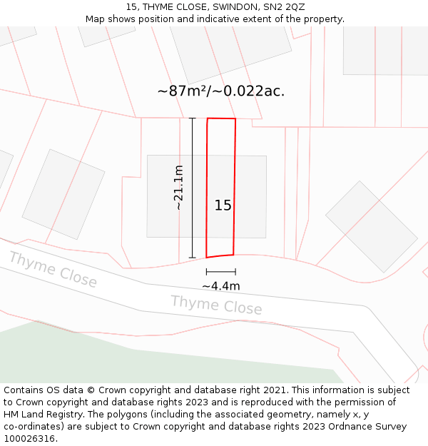 15, THYME CLOSE, SWINDON, SN2 2QZ: Plot and title map