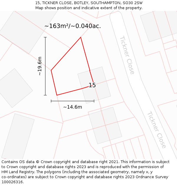 15, TICKNER CLOSE, BOTLEY, SOUTHAMPTON, SO30 2SW: Plot and title map