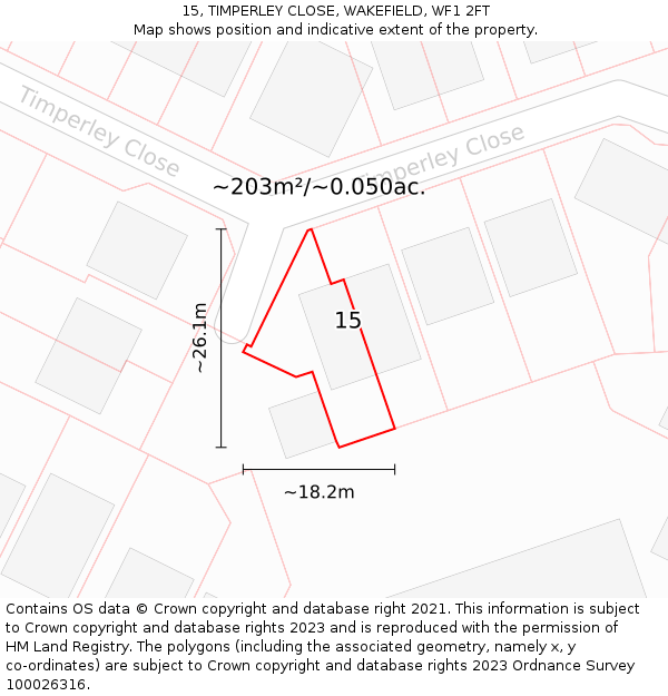 15, TIMPERLEY CLOSE, WAKEFIELD, WF1 2FT: Plot and title map