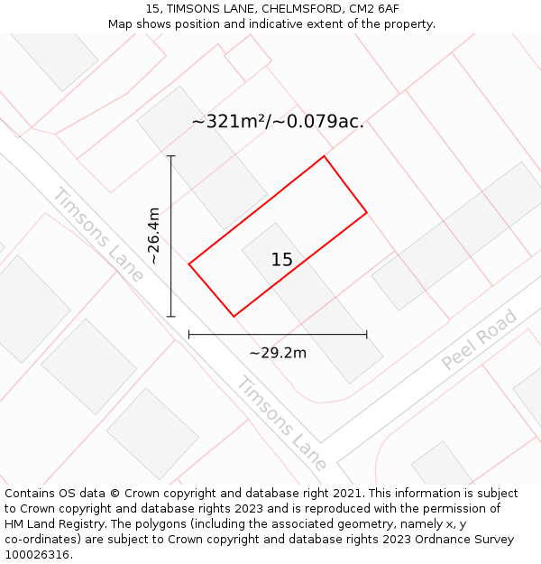 15, TIMSONS LANE, CHELMSFORD, CM2 6AF: Plot and title map