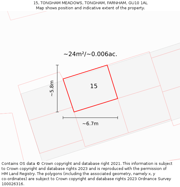 15, TONGHAM MEADOWS, TONGHAM, FARNHAM, GU10 1AL: Plot and title map
