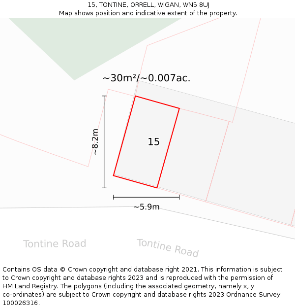 15, TONTINE, ORRELL, WIGAN, WN5 8UJ: Plot and title map