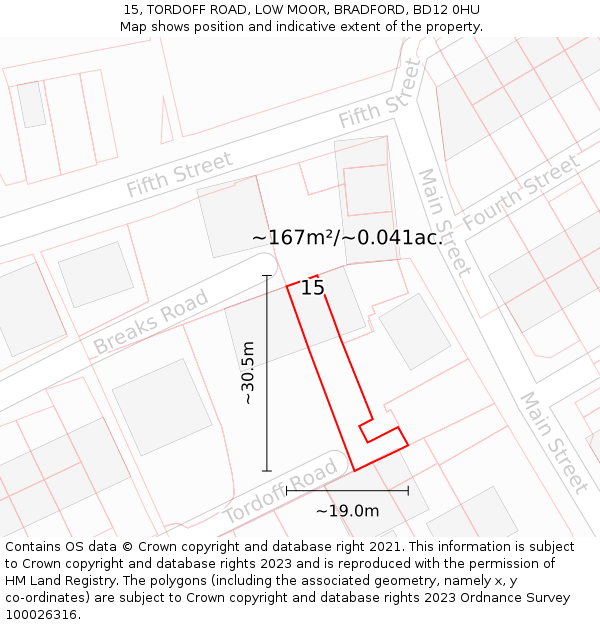 15, TORDOFF ROAD, LOW MOOR, BRADFORD, BD12 0HU: Plot and title map