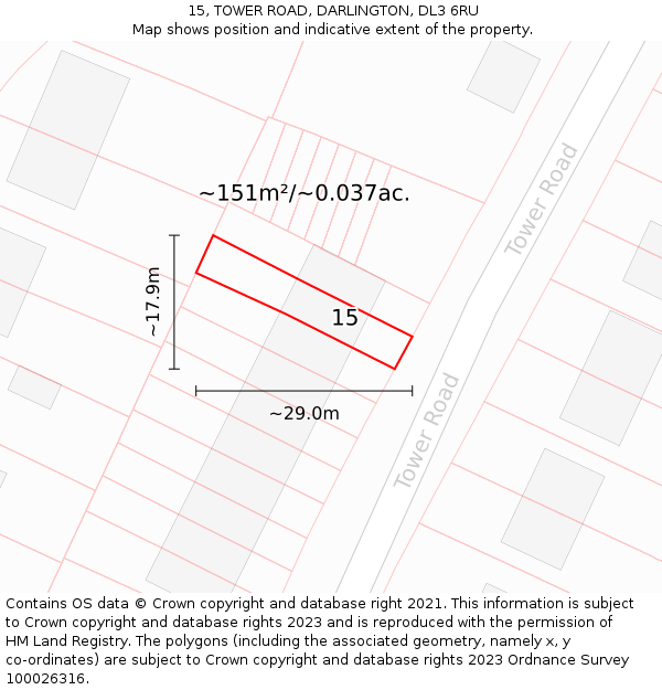 15, TOWER ROAD, DARLINGTON, DL3 6RU: Plot and title map