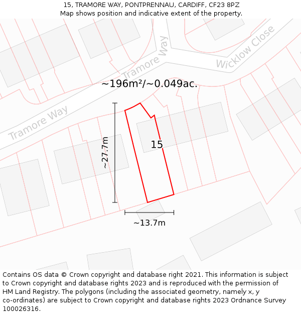 15, TRAMORE WAY, PONTPRENNAU, CARDIFF, CF23 8PZ: Plot and title map