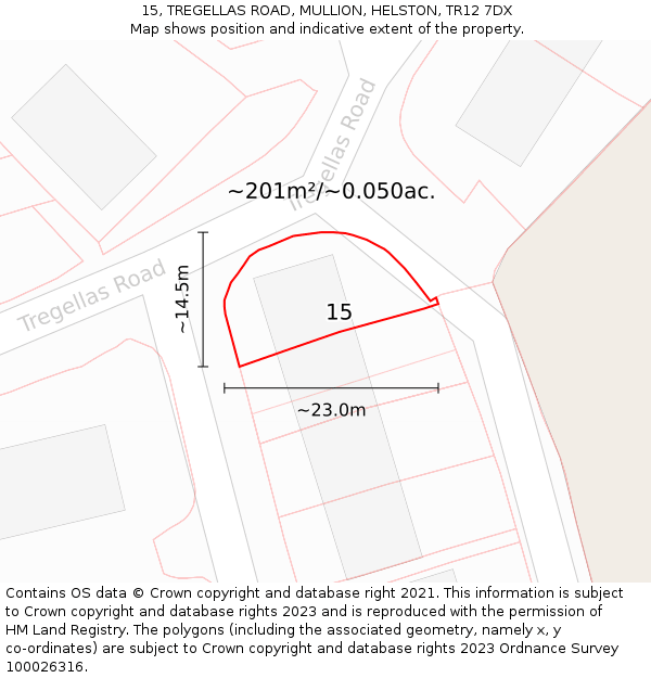 15, TREGELLAS ROAD, MULLION, HELSTON, TR12 7DX: Plot and title map