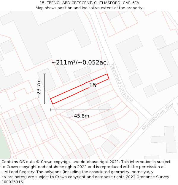 15, TRENCHARD CRESCENT, CHELMSFORD, CM1 6FA: Plot and title map