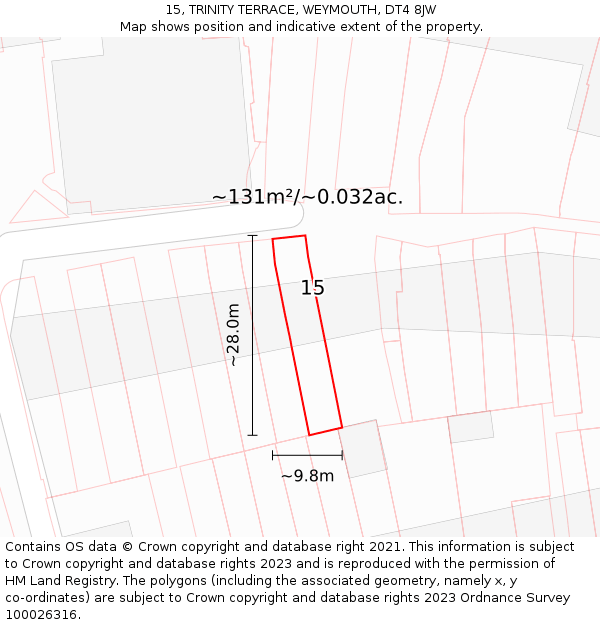 15, TRINITY TERRACE, WEYMOUTH, DT4 8JW: Plot and title map