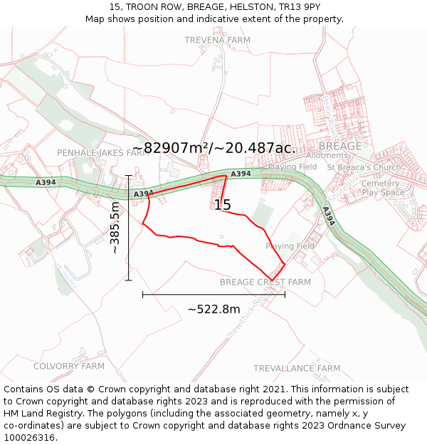 15, TROON ROW, BREAGE, HELSTON, TR13 9PY: Plot and title map