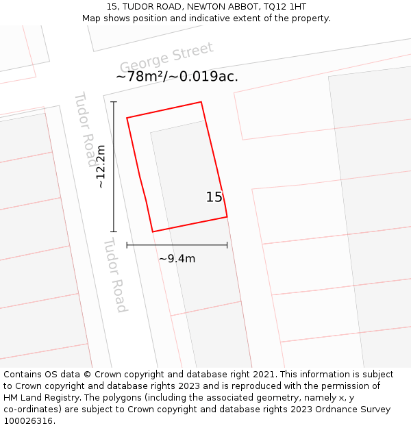 15, TUDOR ROAD, NEWTON ABBOT, TQ12 1HT: Plot and title map