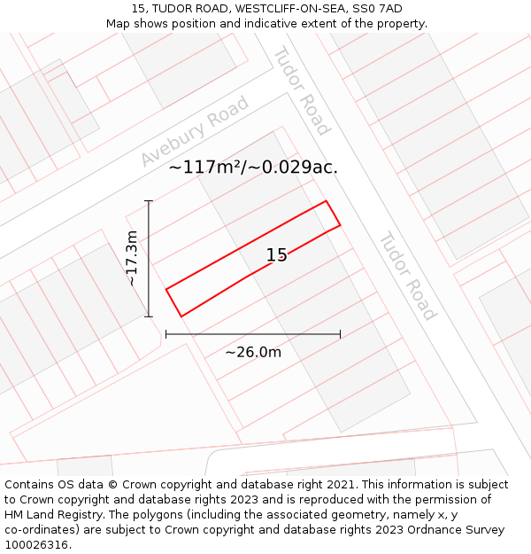 15, TUDOR ROAD, WESTCLIFF-ON-SEA, SS0 7AD: Plot and title map