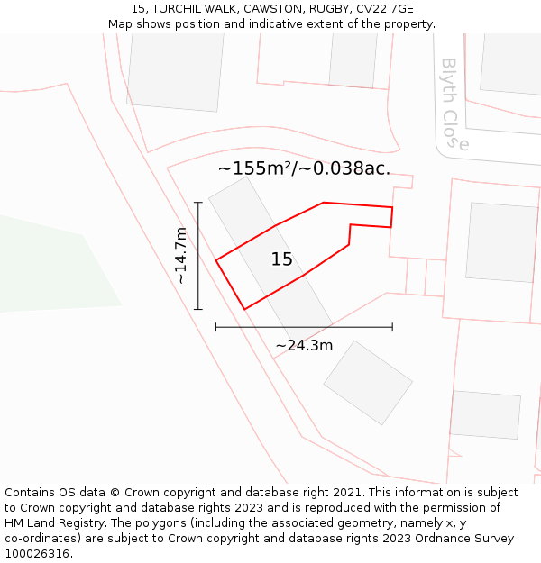 15, TURCHIL WALK, CAWSTON, RUGBY, CV22 7GE: Plot and title map