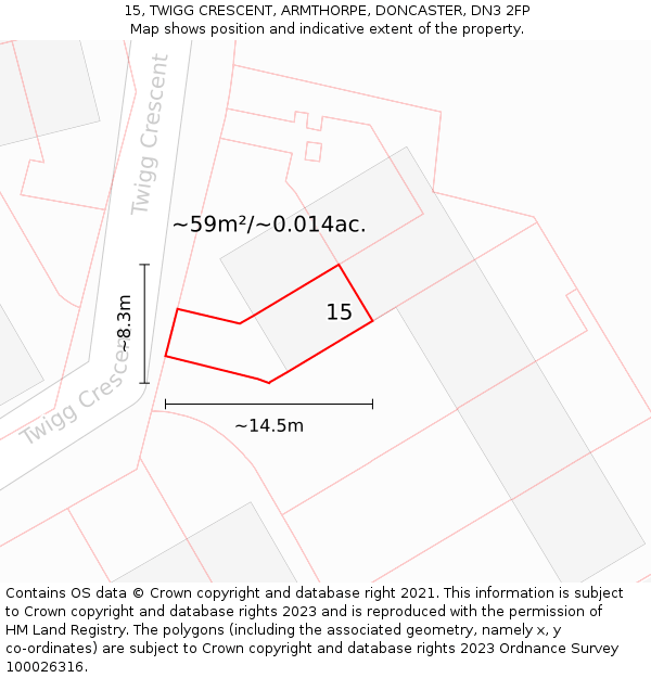 15, TWIGG CRESCENT, ARMTHORPE, DONCASTER, DN3 2FP: Plot and title map