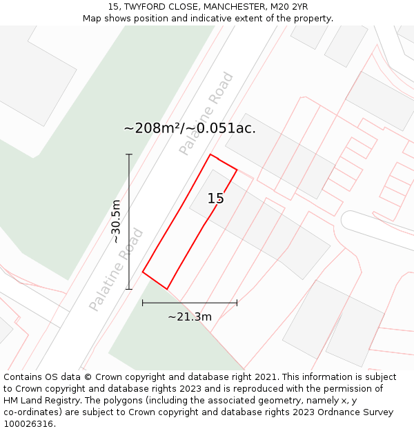15, TWYFORD CLOSE, MANCHESTER, M20 2YR: Plot and title map