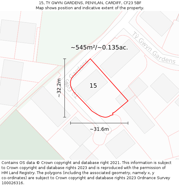 15, TY GWYN GARDENS, PENYLAN, CARDIFF, CF23 5BF: Plot and title map