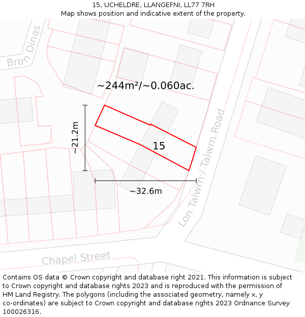 15, UCHELDRE, LLANGEFNI, LL77 7RH: Plot and title map