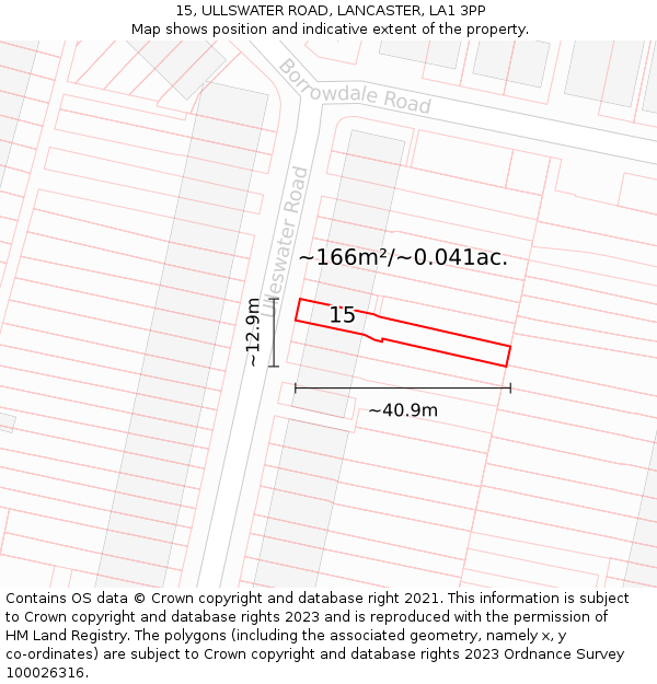 15, ULLSWATER ROAD, LANCASTER, LA1 3PP: Plot and title map