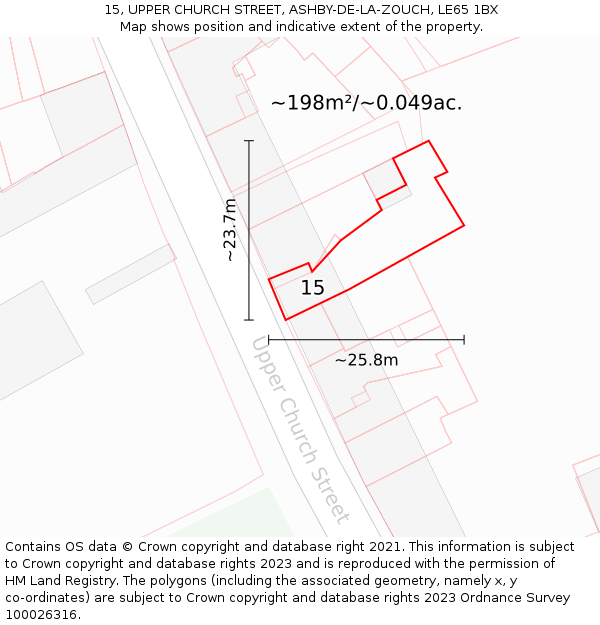 15, UPPER CHURCH STREET, ASHBY-DE-LA-ZOUCH, LE65 1BX: Plot and title map